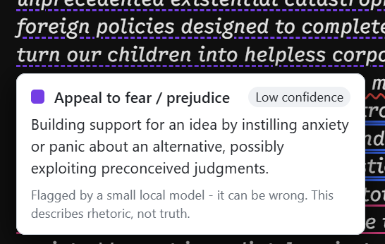 PropaLens extension popup showing a page summary and detected propaganda techniques